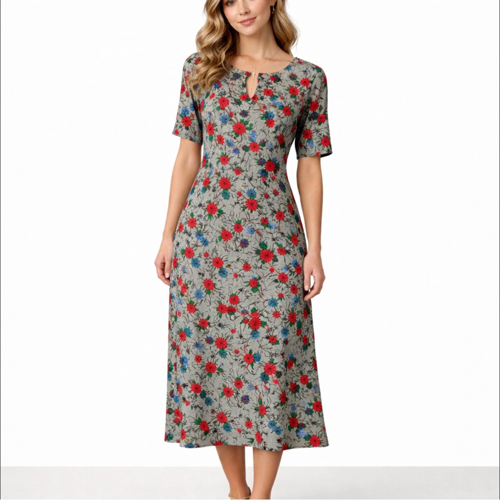VTG  Size M Midi Dress Red Blue Green Print Short Sleeve Keyhole Neckline